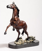 "Cuttin' Loose" 
Cast bronze spirited horse on a black marble base
 <br />
<a href="/gallery.html?gallery=View Cuttin Loose" target="_top">click here for additional photos of this piece</a>