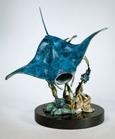 "Ocean Aviator" Cast bronze manta ray, octopus, moray eel and fish school on a black marble base