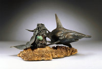 "The Chase" Cast bronze hammerhead shark, eagle ray and moray eel on a buckeye burl base
